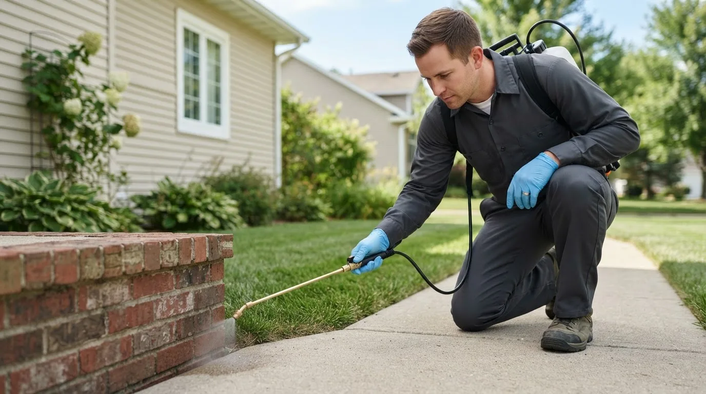 Pest control technician treating a home near Moatsville, WV