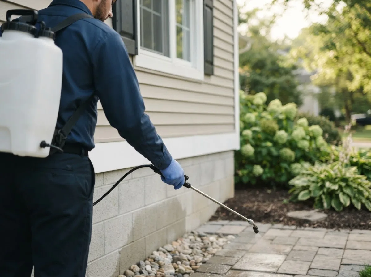 Pest control technician inspecting a home in Moatsville, WV